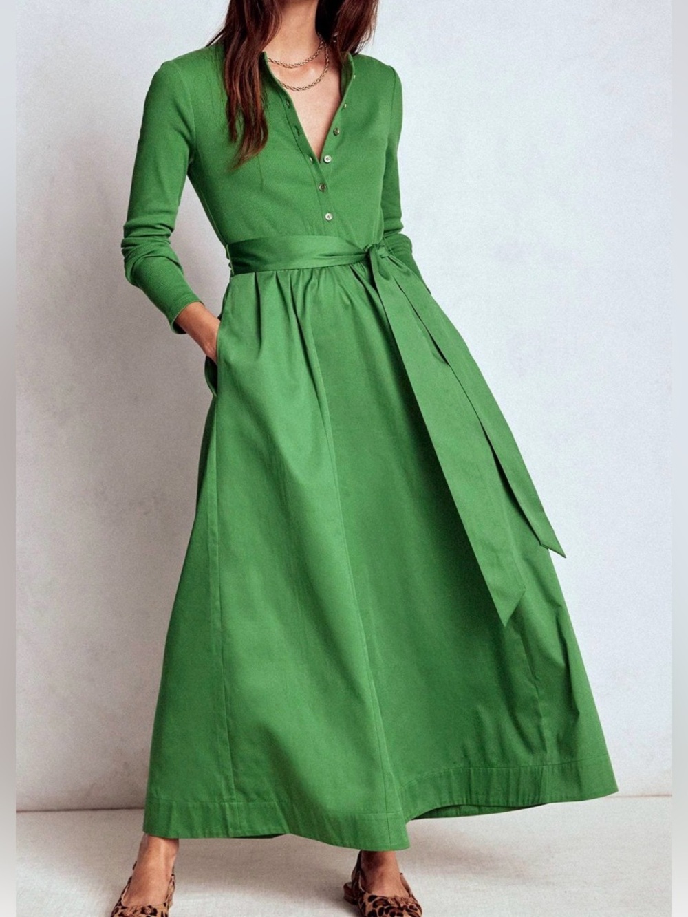 Boden Green Long Sleeve Maxi Dress with Waist Tie and buttons NWT